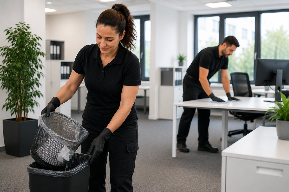 Büroreinigung – Reinigungskraft saugt in einem Büro