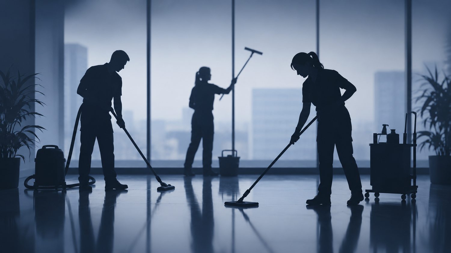 Reinigungsteam von Wilke bei der Arbeit – Silhouetten vor der Fensterfront